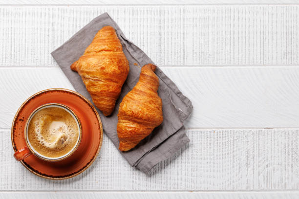 istock Cappuccino coffee and fresh croissants 2148305178