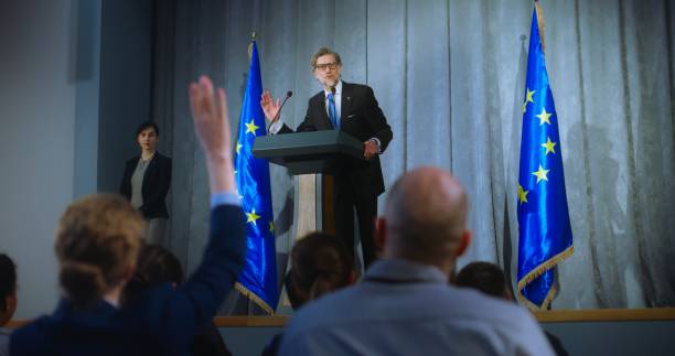 istock Mature representative of the European Union performs at press 2148305263