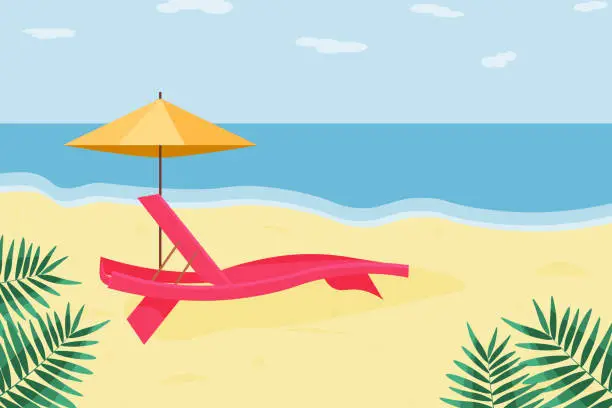 Vector illustration of Vector beach lounger, yellow umbrella, summer vacation. concept of Time to travel or relax.