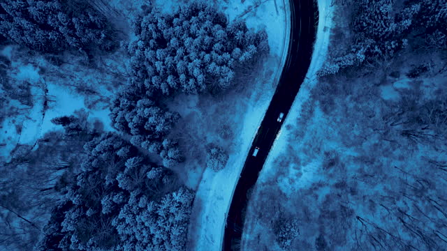 Aerial view winding road car drive across woodland in winter