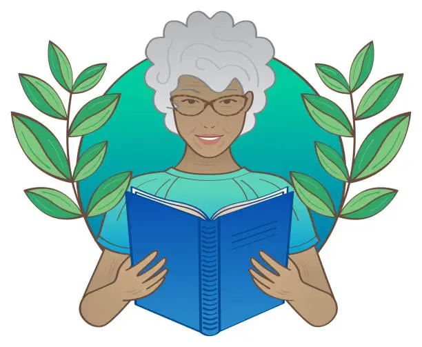 Vector illustration of cute senior woman reading book