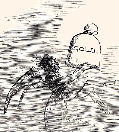 British satire and metaphor : The temptation of gold clutched by the devil. Vintage engraving circa late 19th century. Digital restoration by pictore