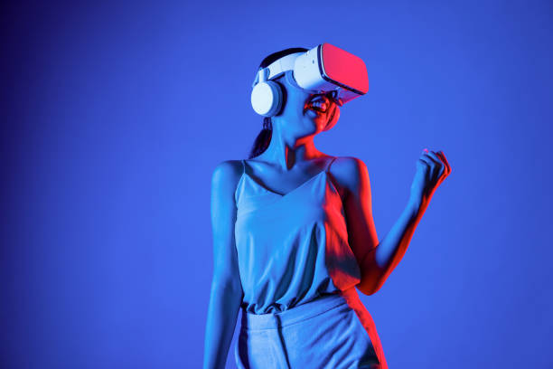 istock Female victory competition in metaverse, gesticulate cheerfully. Hallucination. 2148308023