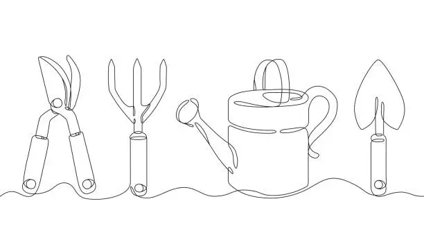 Vector illustration of Gardening Tools Single Line Drawing with Editable Stroke