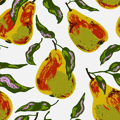 Textured pears. Fruit pattern. Cartoon style. Hand drawn elements. Vector seamless overlapping pattern.