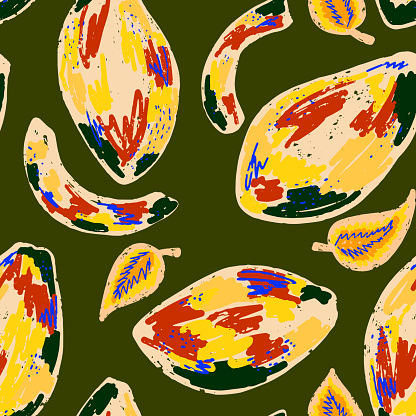 Texture mangoes. Tropical exotic pattern. Cartoon style. Hand drawn elements. Vector seamless overlapping pattern.