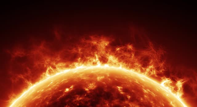3D animation of our solar system's star. Camera orbits, showing nebulous gases erupting from the Sun's surface