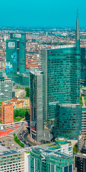 Aerial view of Milan, skyscrapers. Palazzo Lombardia, Unicredit tower and Accenture skyscraper. 04-11-2024. Italy