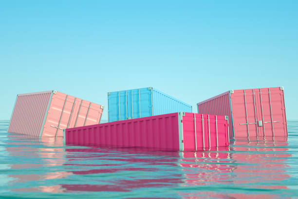 Shipping containers sinking at sea. 3d render. Digitally generated image.