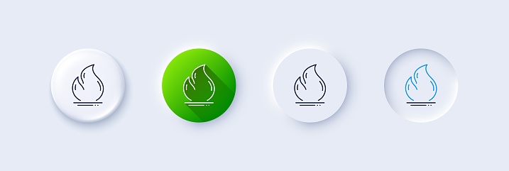 Fire energy line icon. Neumorphic, Green gradient, 3d pin buttons. Heating power energy sign. Hot flame symbol. Line icons. Neumorphic buttons with outline signs. Vector