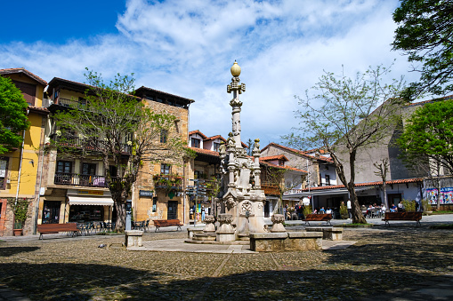 Comillas, Spain - March 29, 2024: Plaza de la Fuente de Tres Caños in Comillas, Cantabria.