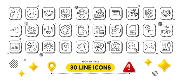 Web traffic, Hold smartphone and Search text line icons pack. 3d design elements. Medical flight, Bid offer, Cogwheel web icon. Wind energy, Correct answer, Confirmed pictogram. Vector