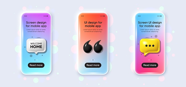 Phone 3d mockup gradient screen. Welcome home tag. Home invitation offer. Hello guests message. Welcome home phone mockup message. 3d chat speech bubble. Yellow text box app. Vector