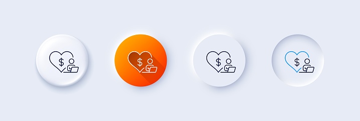 Volunteer care line icon. Neumorphic, Orange gradient, 3d pin buttons. Online charity sign. Donation service symbol. Line icons. Neumorphic buttons with outline signs. Vector