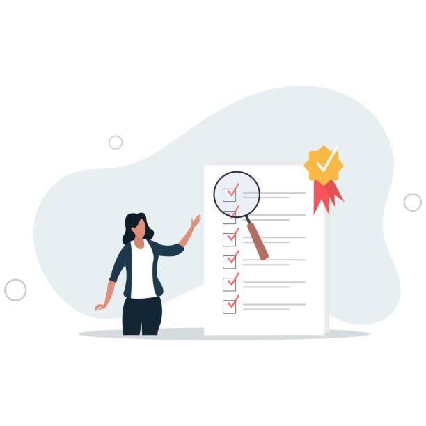 corporate policy or compliance, guarantee checklist document,magnifying glass with standard QC badge document.flat vector illustration. corporate policy or compliance, guarantee checklist document,magnifying glass with standard QC badge document. designate stock illustrations
