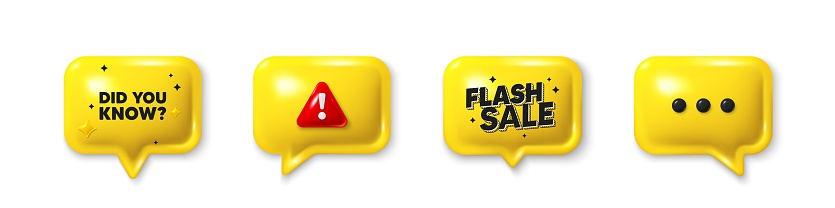 Offer speech bubble 3d icons. Did you know tag. Special offer question sign. Interesting facts symbol. Did you know chat offer. Flash sale, danger alert. Text box balloon. Vector