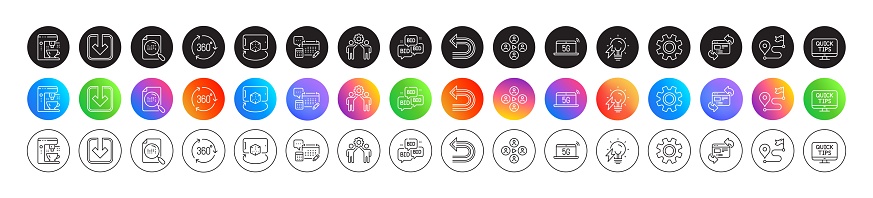 Bid offer, 5g notebook and Refresh website line icons. Round icon gradient buttons. Pack of Augmented reality, 360 degree, Video conference icon. Web tutorials, Coffee maker, Journey pictogram. Vector