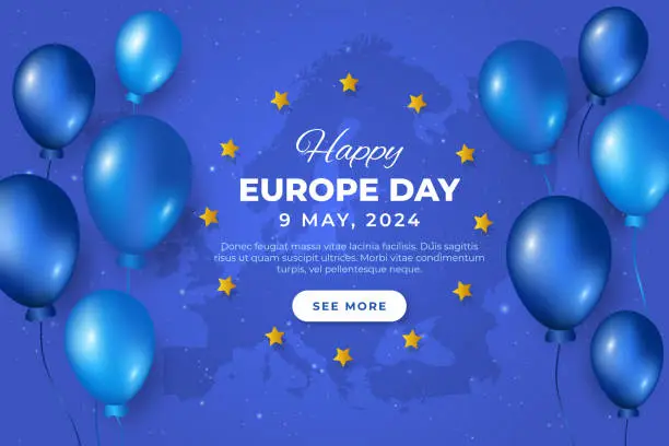 Vector illustration of Europe Day 9th May. Happy Europe day blue background with Europe map and balloons