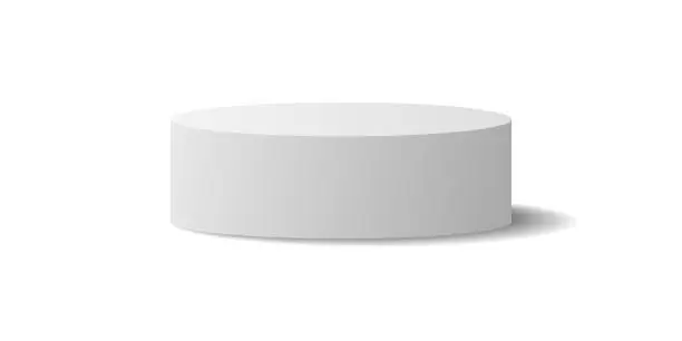 Vector illustration of Empty white circle podium mockup with shadow effect, empty round pedestal for display, white ellipse cylinder podium for product presentation isolated on white background.