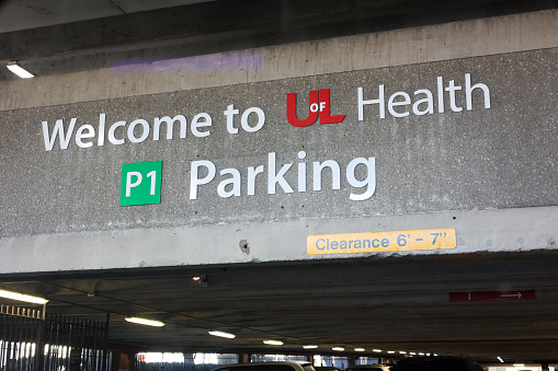 Louisville, Kentucky USA March 17, 2024 :  The entrance of the University of Louisville Hospital parking garage