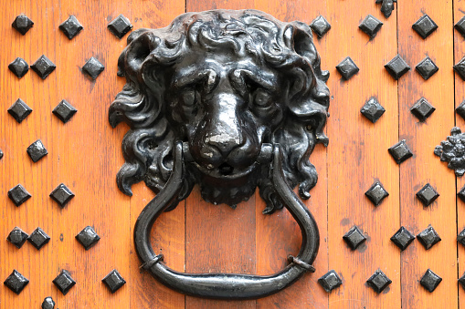 Bristol, England- March 28, 2024: Wooden door with vintage lion face shaped knocker and wrought iron details