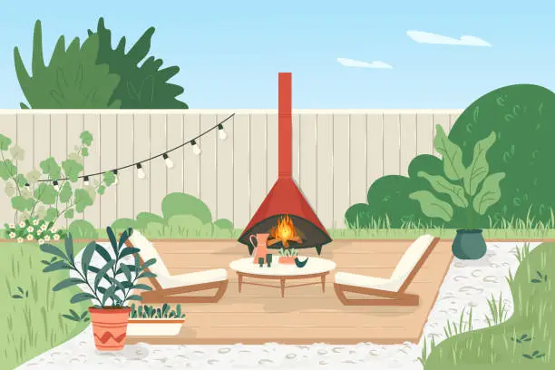 Vector illustration of Cozy backyard with vintage cone fireplace and plants in pots House patio with fence, furniture for picnic with barbecue, green grass and tree Summer landscape of yard Vector cartoon illustration