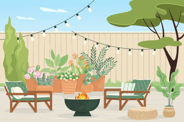 stockillustraties, clipart, cartoons en iconen met cozy backyard with decorative outdoor fireplace and plants in pots house patio with fence, furniture for picnic with barbecue, green grass and tree summer landscape of yard vector cartoon illustration - binnenplaats