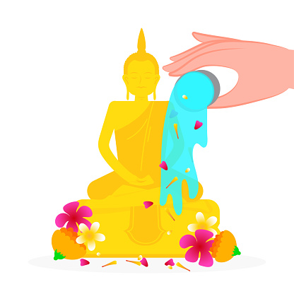 songkran festival illustration, Pouring of Water, Buddha statue