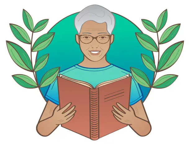 Vector illustration of senior man with glasses reading book