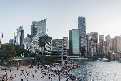 Sydney, NSW, Australia, February 22nd 2023. A view of Circular Quay's cityscape showcasing a cluster of modern high-rise office buildings.