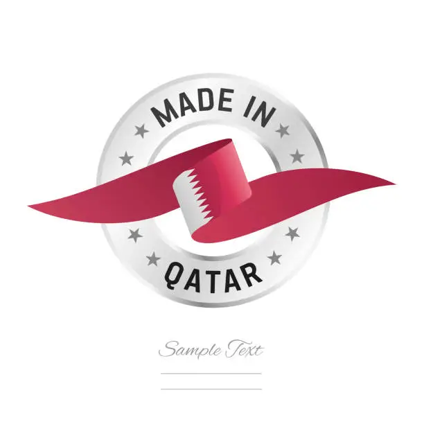 Vector illustration of Made in Qatar. Qatar flag ribbon with circle silver ring seal stamp icon. Qatar sign label vector isolated on white background