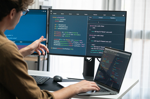 It Developer Working Online Software Development Coding On Pc Screens ...