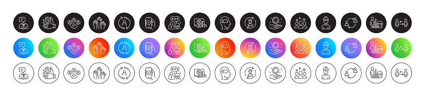 Squad, User communication and Voting hands line icons. Round icon gradient buttons. Pack of Online shopping, Teamwork business, Employee hand icon. Vector