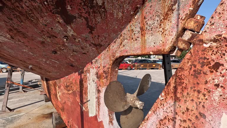 Parts of the ship's rusted hull with propeller and rudder stranded in port