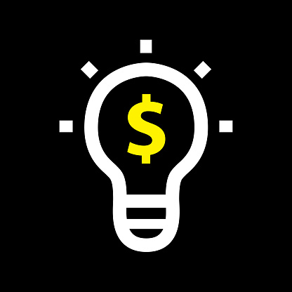 Vector illustration of a white outline light bulb with a yellow dollar sign in it.