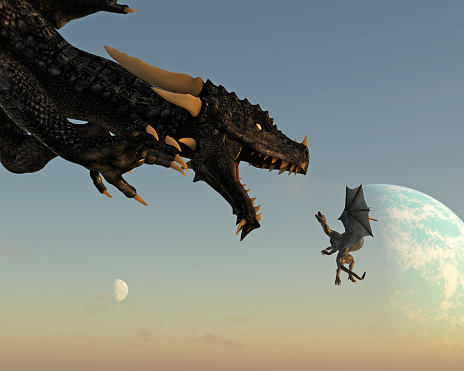 3d illustration of a horned dragon attacking a smaller flying dragon with a moon and planet in the background.