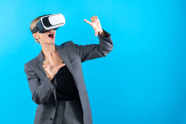 istock Caucasian business woman excited to explore visual reality world. Contraption. 2148321033