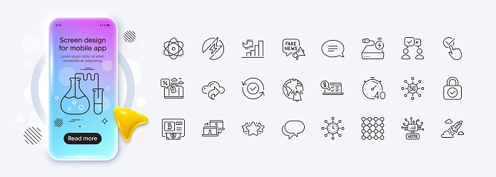 Online accounting, 5g technology and Fake news line icons for web app. Phone mockup gradient screen. Pack of Timer, People voting, Online voting pictogram icons. Vector