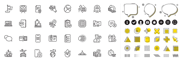Set of Chat bubble, Engineering team and Cloakroom line icons for web app. Design elements, Social media icons. Clapping hands, Fingerprint, Payment methods icons. Vector
