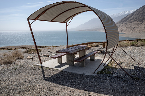 Picnic table and shelter in a campground at Walker Lake, Mineral County, Nevada.