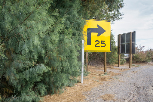 25 mph speed sign at a sharp bend in a road, with tamarisk trees (Tamarix sp.) on the left.
