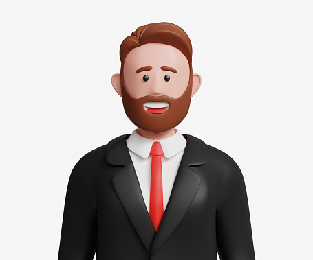 Close up portrait of 3d young bearded businessman in black suit with confident smile. Entrepreneur, CEO, leadership, team worker, successful, management concept. 3D happy businessman avatar