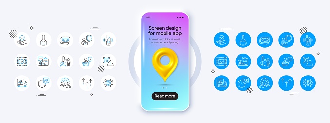 Phone mockup with 3d map pin icon. Binary code, Bitcoin project and Team work line icons. Pack of Chemistry lab, Podium, Transmitter icon. Shield, Approved, Augmented reality pictogram. Vector