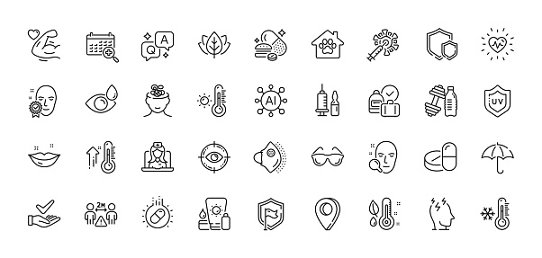 Eye drops, Social distance and Face verified line icons pack. AI, Question and Answer, Map pin icons. Thermometer, Organic tested, Medical vaccination web icon. Vector