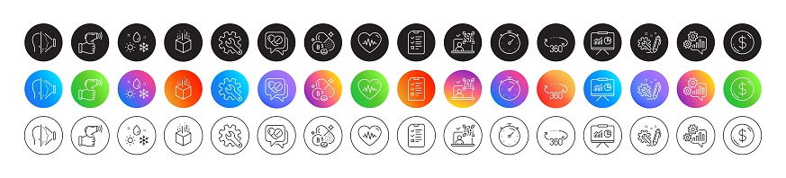 Cogwheel, Presentation and Interview line icons. Round icon gradient buttons. Pack of Pantothenic acid, Weather, Engineering icon. Heartbeat, Dollar money, Medical drugs pictogram. Vector