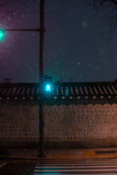 Korea Street View with Cross Light and Snow