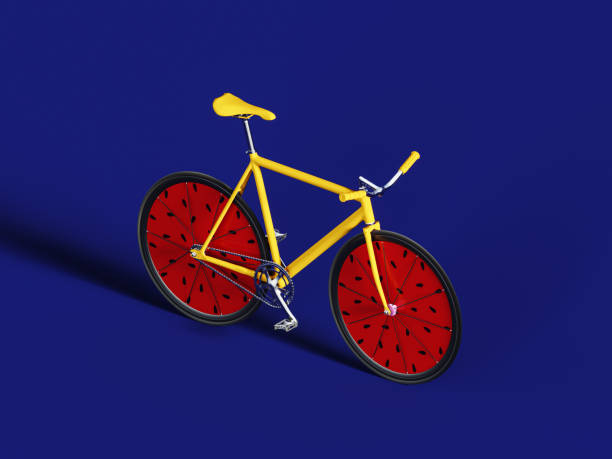istock Yellow bicycle with watermelon wheels on blue background. Summer is here concept. 2148323762