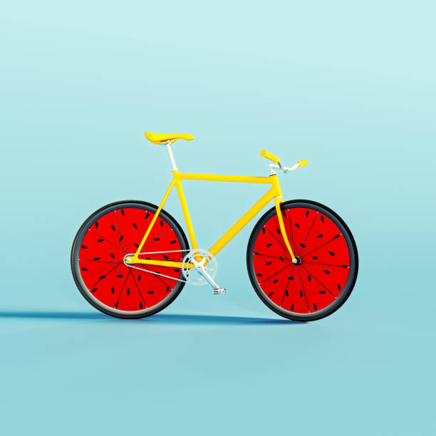 istock Yellow bicycle with watermelon wheels on blue background. Summer concept design. 2148323790