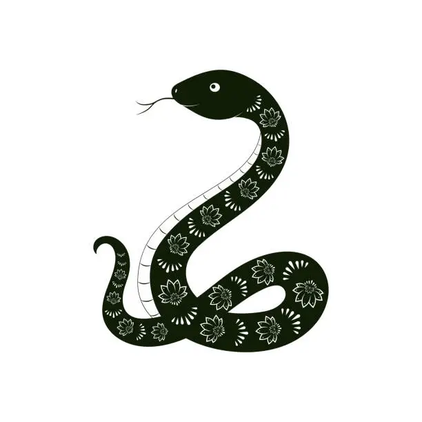 Vector illustration of Black snake with flower pattern on white background. Vector illustration.