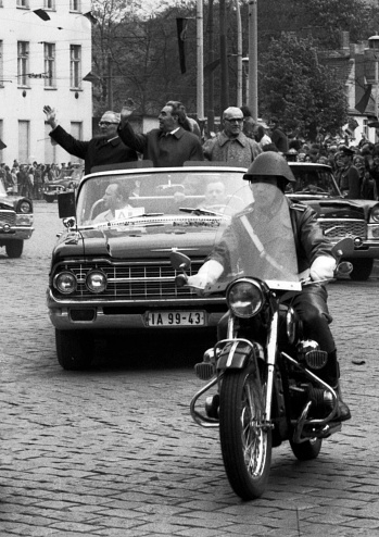 The Soviet party leader Leonid Brezhnev visits the GDR in 1973 and drives through East Berlin in an open vehicle - German Democratic Republic.